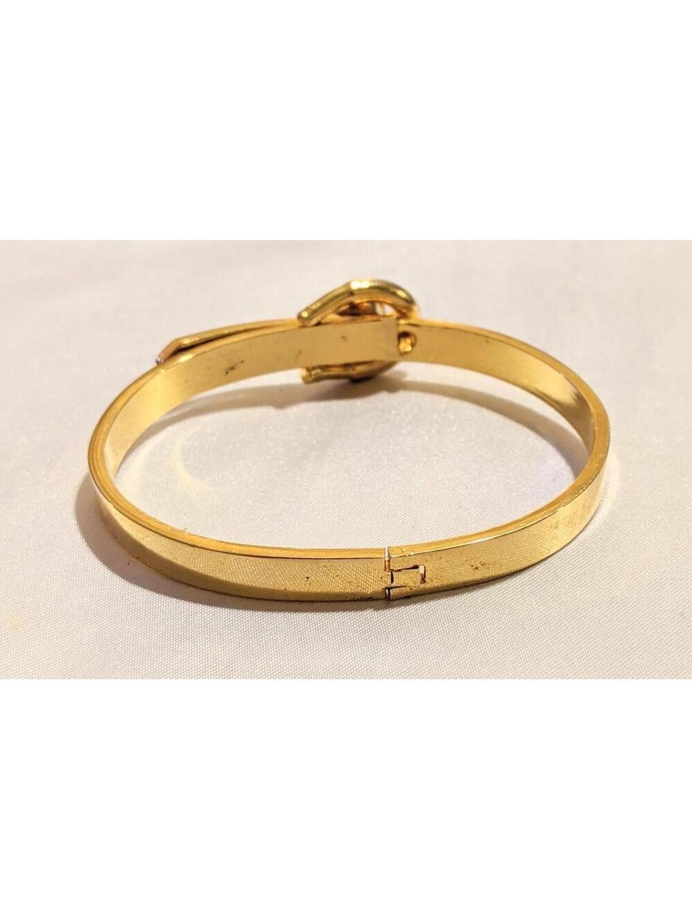 VTG 80s Hinged Bangle Bracelet Blue-Green Crystal Buckle Adjustable Gold Tone - Picture 4 of 7